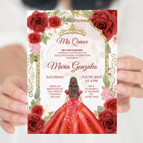 Red Dress  Roses Mexican Quinceanera Invitation