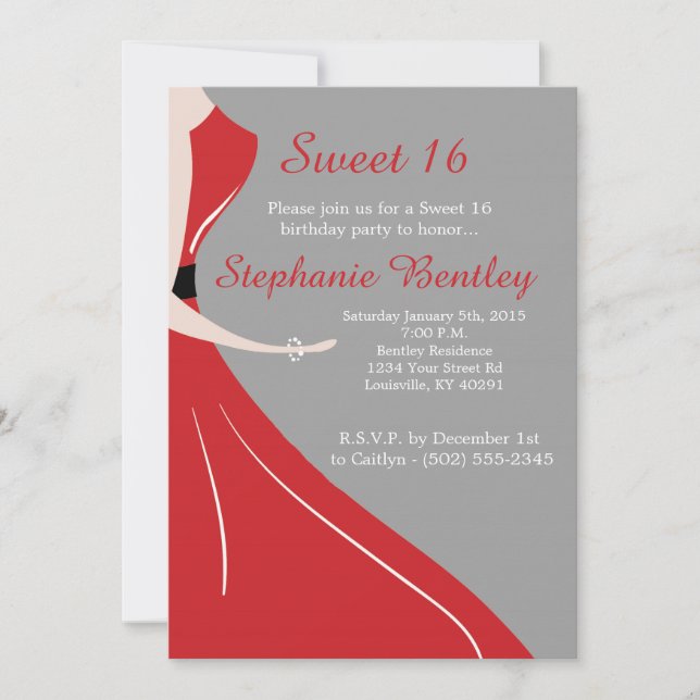 Red Dress Silhouette Sweet 16 Birthday Invitation (Front)