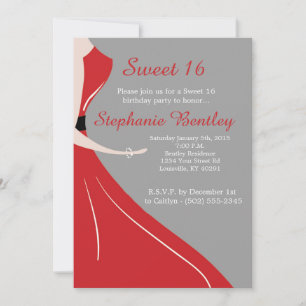 Red Dress Silhouette Sweet 16 Birthday Invitation