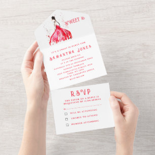 Red Dress Sweet 16 Floral Sixteen Girly Elegant All In One Invitation