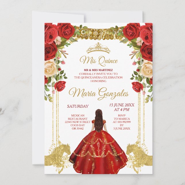 Red Dresses Mexican Flowers Quinceañera Invitation (Front)