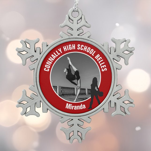 Red Drill Team Photo High School Dancer Snowflake Pewter Christmas Ornament (Creator Uploaded)