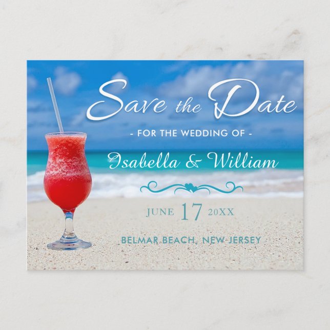Red Drink Ocean Beach Save the Date Announcement Postcard (Front)