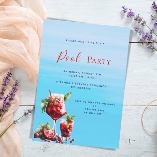 Red drinks blue water Pool Party Invitation