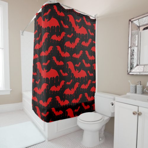 Red Drippy Vampire Bats on Black Nu Goth Gothic Shower Curtain