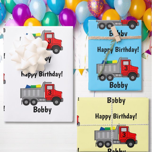 Red Dump Truck Birthday Boy's Name & Age Gift Wrapping Paper Sheets (Creator Uploaded)