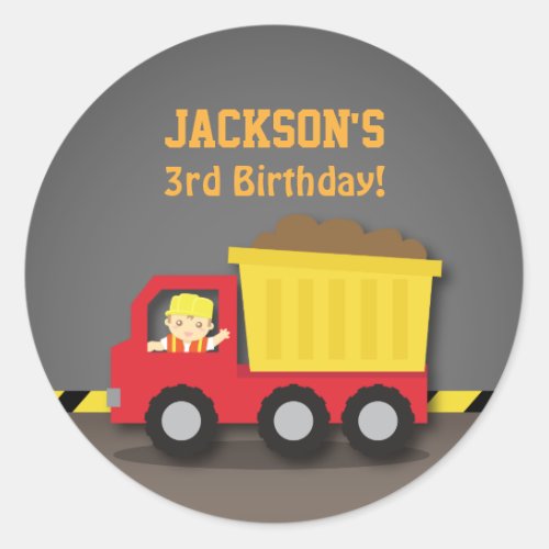 Red Dump Truck Boy Construction Birthday Party Classic Round Sticker