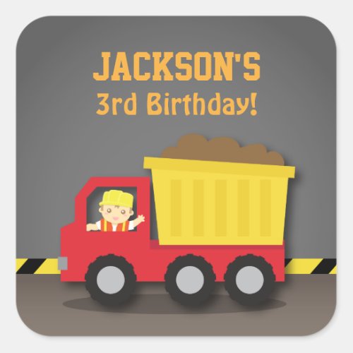 Red Dump Truck Boy Construction Birthday Party Square Sticker