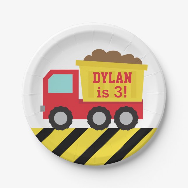 Red Dump Truck Construction Boys Birthday Party Paper Plates (Front)
