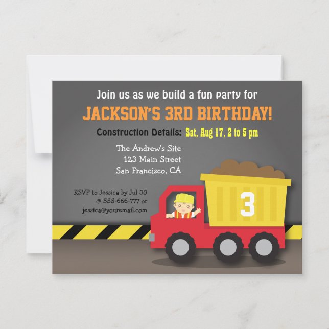 Red Dump Truck Construction Theme Birthday Party Invitation (Front)