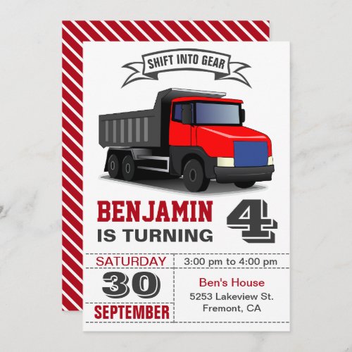 Red Dump Truck Kids Birthday Party Invitation