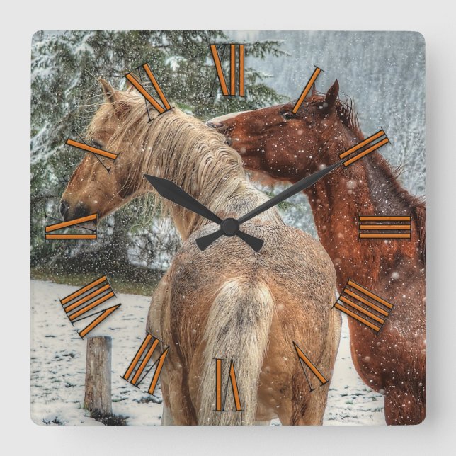 Red Dun & Palomino Winter Horses Equine photo Square Wall Clock (Front)