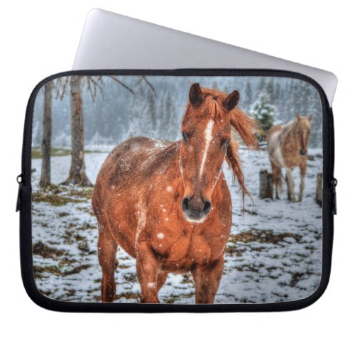 Red Dun Pony Horse Snow and Forest _ Equine Photo Laptop Sleeve