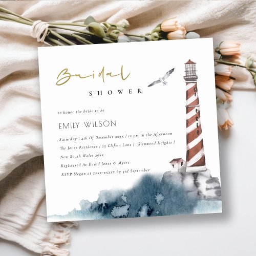 RED DUSKY BLUE LIGHTHOUSE SEA BRIDAL SHOWER INVITE