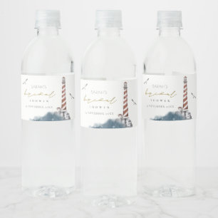 RED DUSKY BLUE LIGHTHOUSE SEA BRIDAL SHOWER WATER BOTTLE LABEL