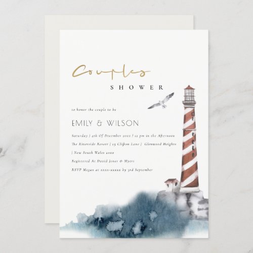 RED DUSKY BLUE LIGHTHOUSE SEA COUPLE SHOWER INVITE