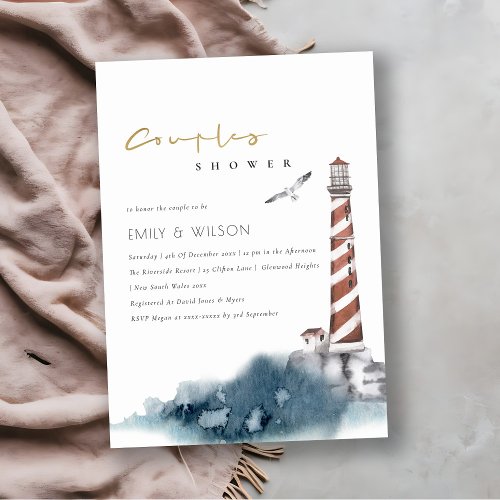 RED DUSKY BLUE LIGHTHOUSE SEA COUPLE SHOWER INVITE