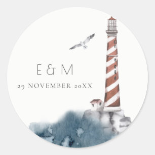 RED DUSKY BLUE LIGHTHOUSE SEA MONOGRAM WEDDING CLASSIC ROUND STICKER