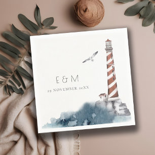RED DUSKY BLUE LIGHTHOUSE SEA MONOGRAM WEDDING NAPKINS