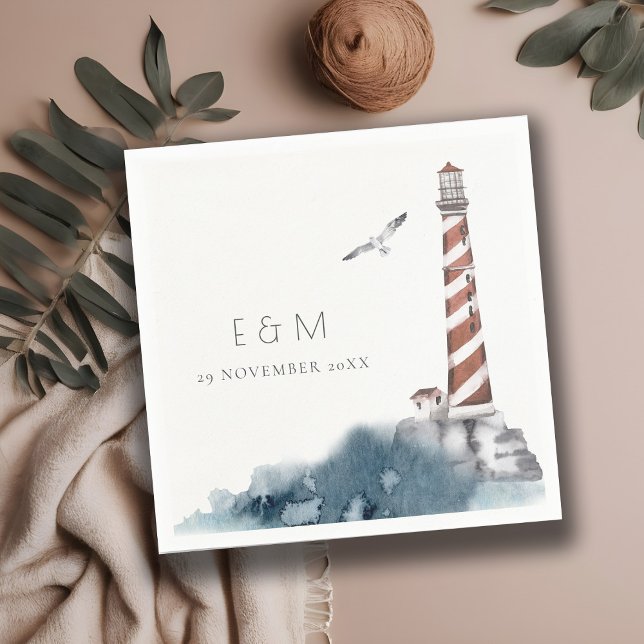 RED DUSKY BLUE LIGHTHOUSE SEA MONOGRAM WEDDING  NAPKINS (Creator Uploaded)