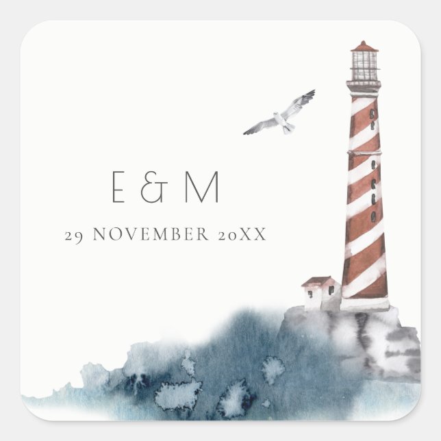 RED DUSKY BLUE LIGHTHOUSE SEA MONOGRAM WEDDING SQUARE STICKER (Front)