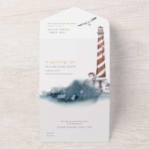 RED DUSKY BLUE LIGHTHOUSE SEA WATERCOLOR WEDDING  ALL IN ONE INVITATION