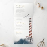 Red Dusky Blue Lighthouse Sea Watercolor Wedding Tri-fold Invitation at Zazzle