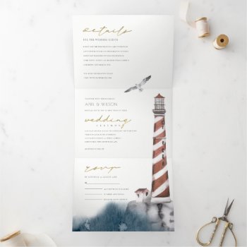 Red Dusky Blue Lighthouse Sea Watercolor Wedding Tri-fold Invitation by YellowFebPaperie at Zazzle