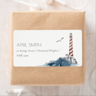 RED DUSKY BLUE LIGHTHOUSE SEA WAVES ADDRESS LABEL