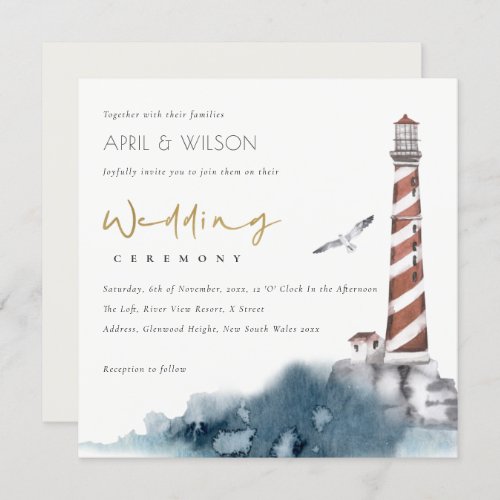 RED DUSKY BLUE LIGHTHOUSE SEA WAVES WEDDING INVITE