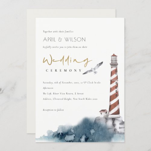 RED DUSKY BLUE LIGHTHOUSE SEA WAVES WEDDING INVITE