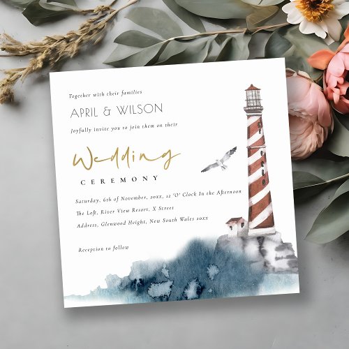 RED DUSKY BLUE LIGHTHOUSE SEA WAVES WEDDING INVITE