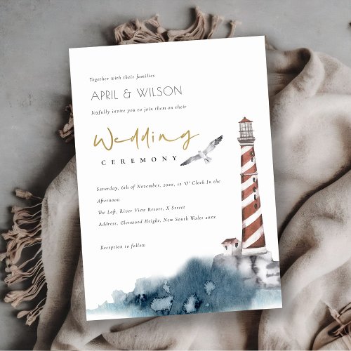 RED DUSKY BLUE LIGHTHOUSE SEA WAVES WEDDING INVITE