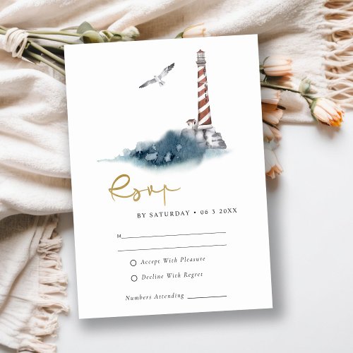 RED DUSKY BLUE LIGHTHOUSE SEA WAVES WEDDING RSVP ENCLOSURE CARD