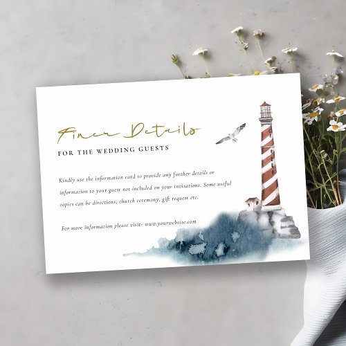 RED DUSKY BLUE LIGHTHOUSE SEA WEDDING DETAILS  ENCLOSURE CARD