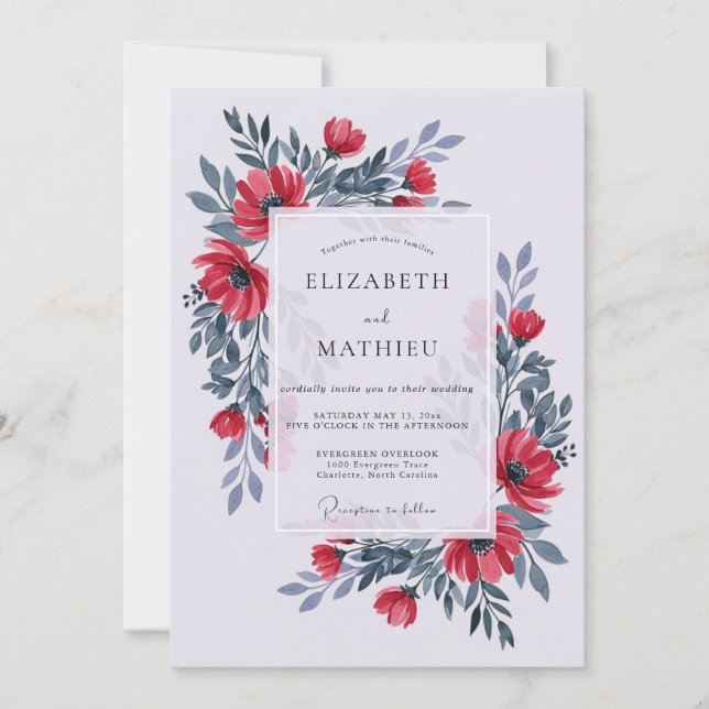 Red Dusty Blue Captivating Floral Wedding Invitation (Front)
