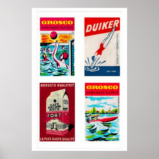 Red Dutch Matchbox Labels Grid Print, Vintage Poster (Front)