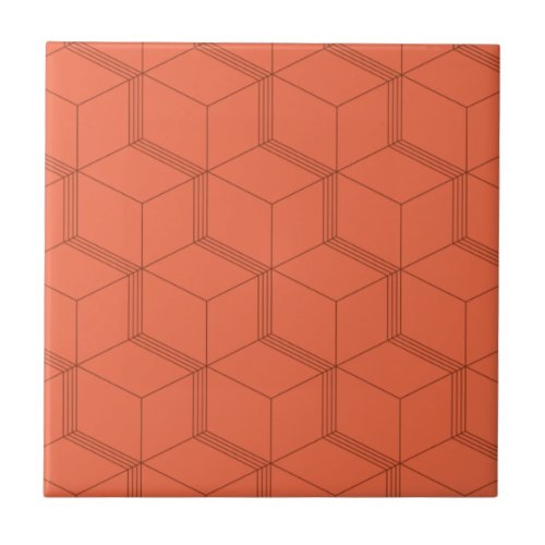Red dynamic retro cool trendy cube line pattern ceramic tile