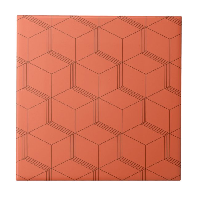 Red, dynamic, retro, cool trendy cube line pattern ceramic tile (Front)