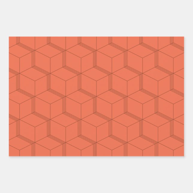 Red, dynamic, retro, cool trendy cube line pattern wrapping paper sheets (Front)