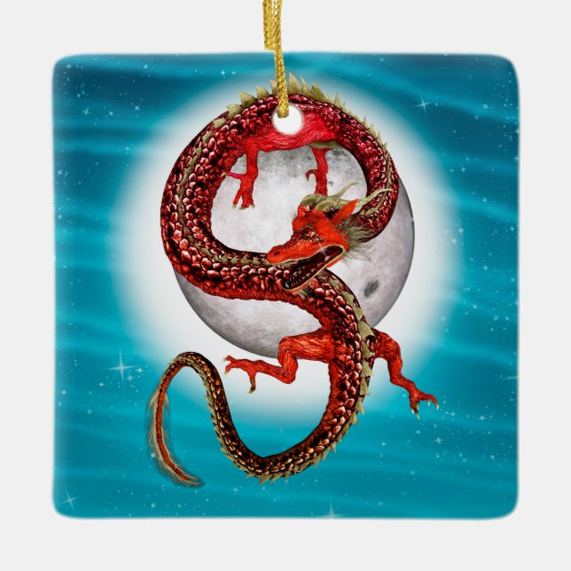 Red Eastern Dragon - Mythical Fantasy Creature Ceramic Ornament (Front)
