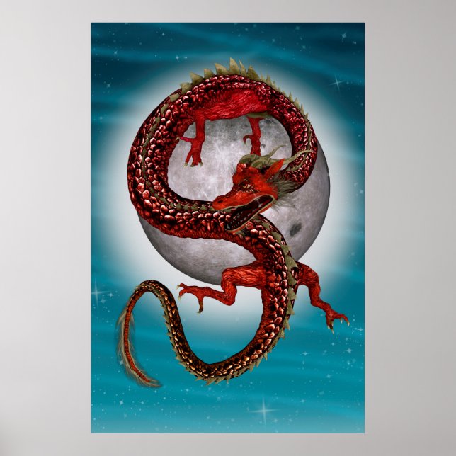 Red Eastern Dragon - Mythical Fantasy Creature Poster (Front)