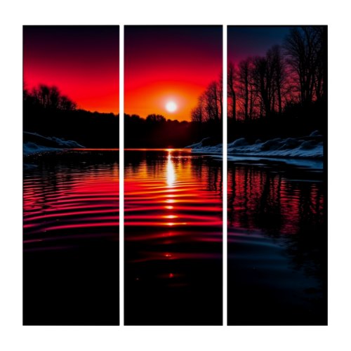 Red Eclipse Over a Half Frozen Lake Triptych