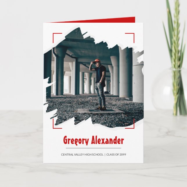 Red Edgy Abstract Brushstroke Photo Graduation Invitation (Front)