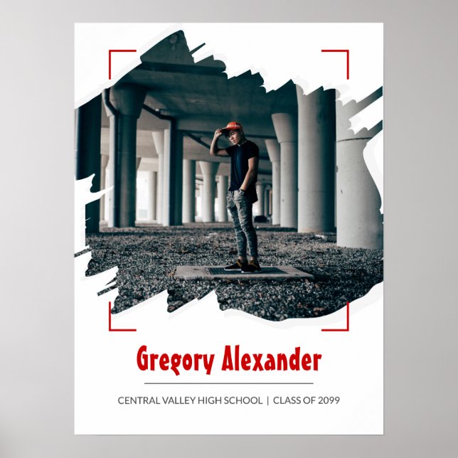 Red Edgy Abstract Brushstroke Photo Graduation Poster (Front)