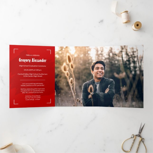 Red Edgy Abstract Brushstroke Photo Graduation Tri-Fold Invitation (Inside)