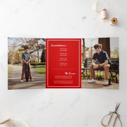 Red Edgy Abstract Torn Photo Graduation Tri_Fold Invitation