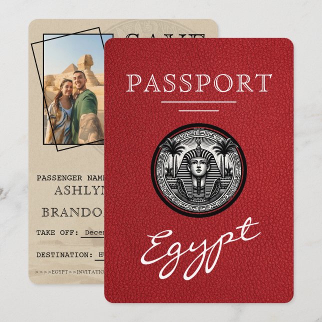 Red Egypt Passport Wedding Save the Date (Front/Back)