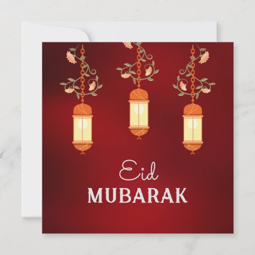 Red Eid Mubarak Floral Lantern Islamic Card