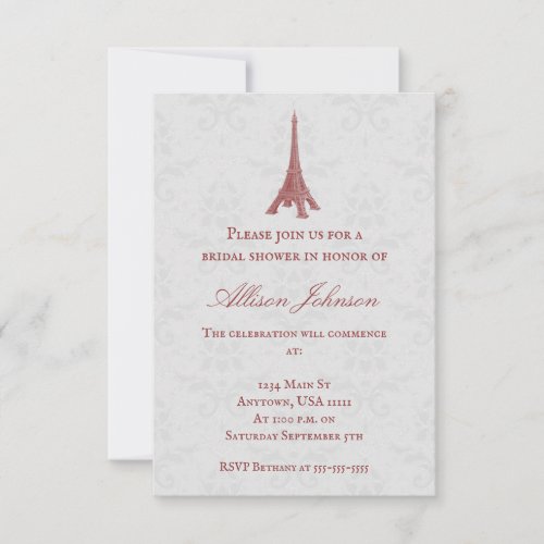 Red Eiffel Tower Damask Bridal Shower Invitation